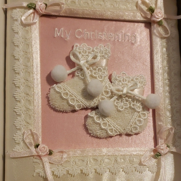 Pink and Cream embroidered Christening Booties Photo Album. - Picture 2 of 4